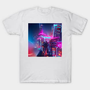 Futuristic Cyberpunk City with Neon Signs T-Shirt